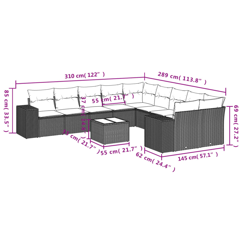 10-teiliges Gartensofa-Set mit Kissen, schwarzes Polyrattan