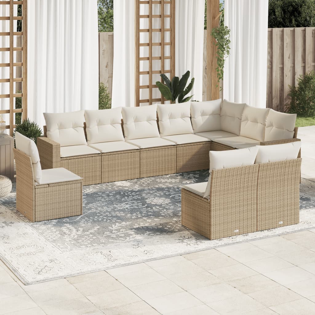 10-tlg. Garten-Sofagarnitur mit Kissen Schwarz Poly Rattan
