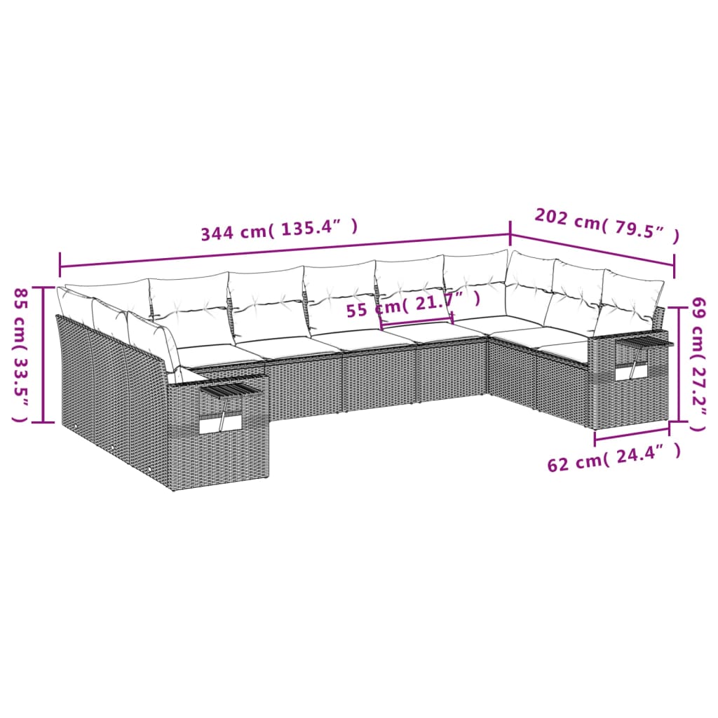 10-teiliges Gartensofa-Set mit Kissen, schwarzes Polyrattan