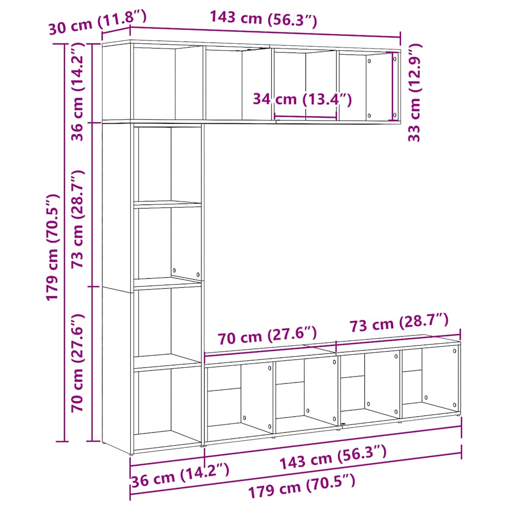 3-tlg. Bücher-/TV-Schrank Set Weiß 180×30×180 cm
