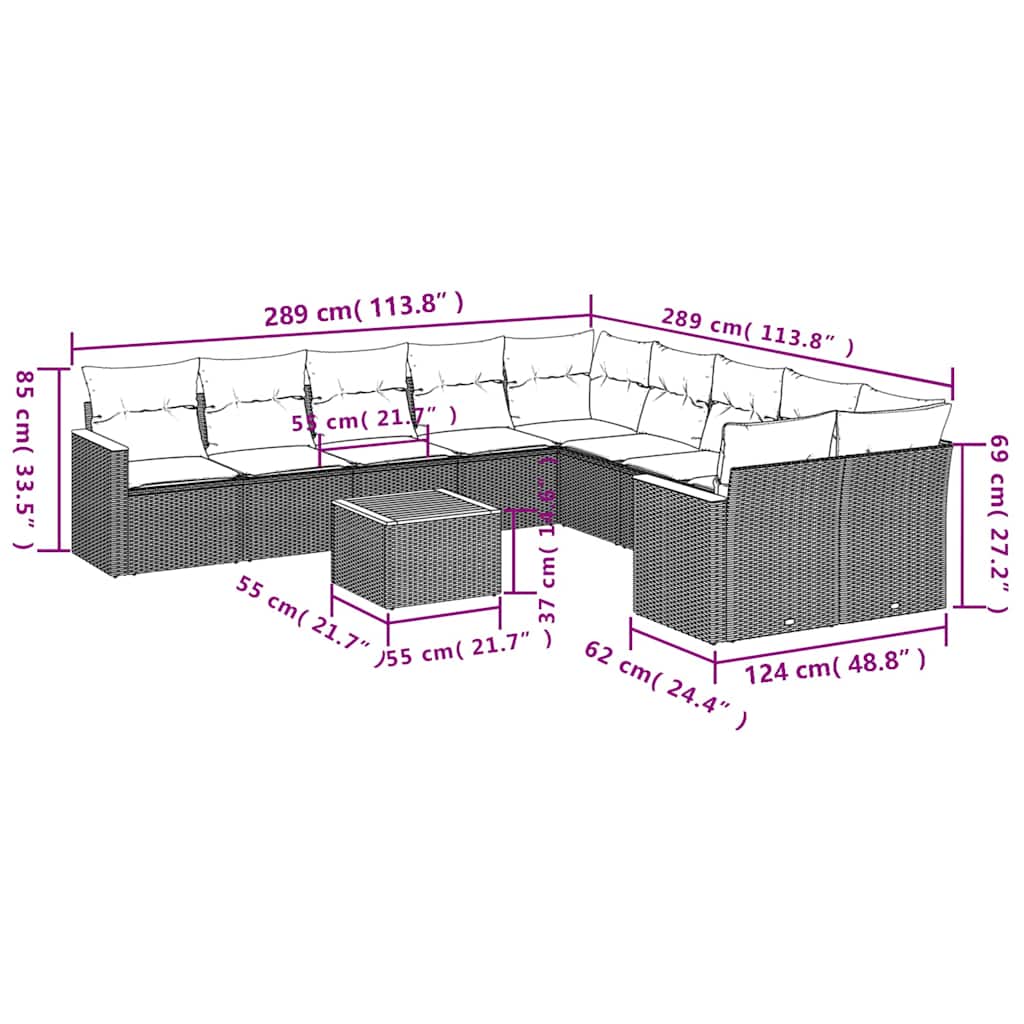 10-teiliges Gartensofa-Set mit Kissen, schwarzes Polyrattan