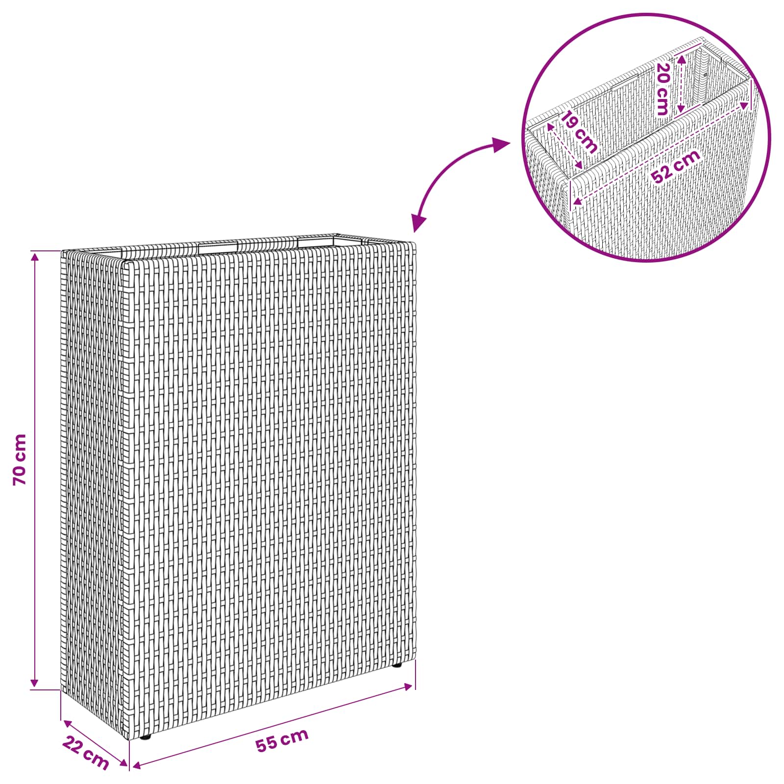 Hoher Pflanzkübel Schwarz 55 x 22 x 70 cm Poly-Rattan