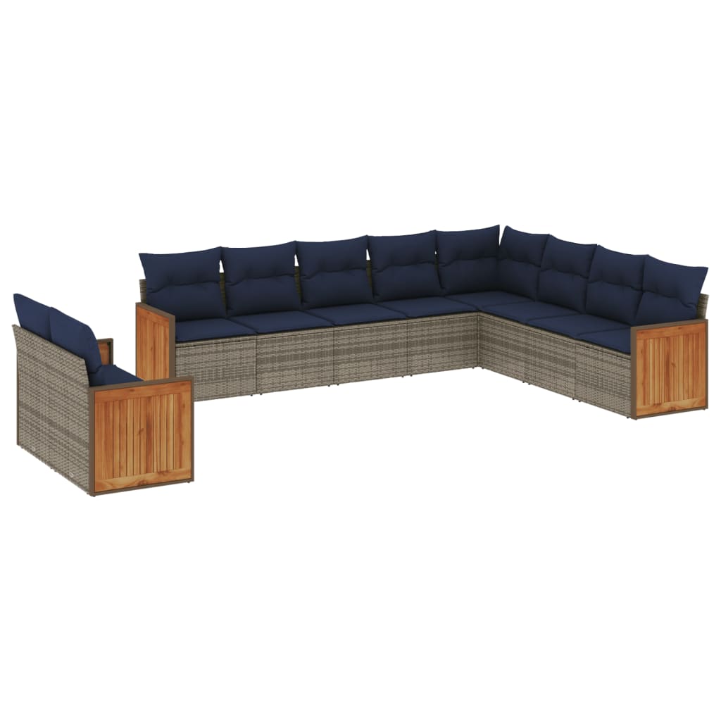 10-teiliges Gartensofa-Set mit Kissen, schwarzes Polyrattan