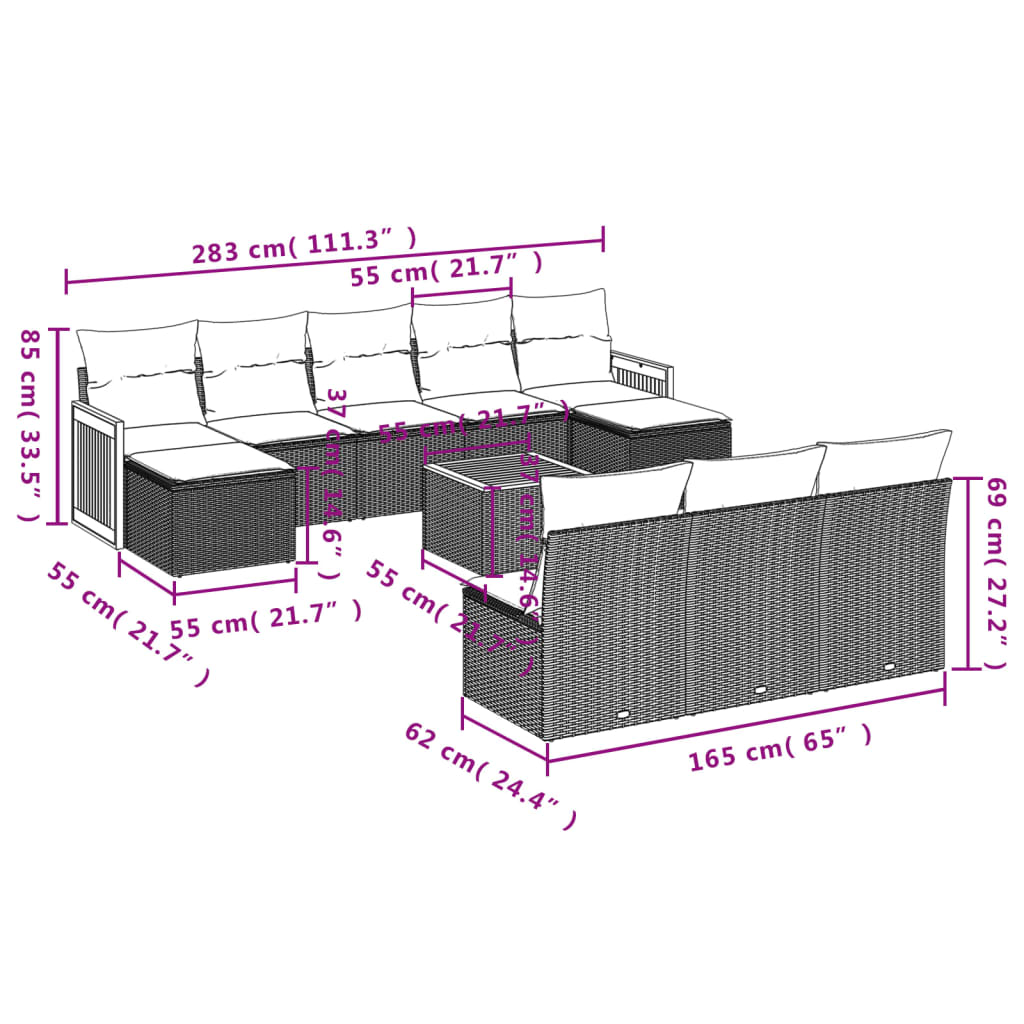 10-teiliges Gartensofa-Set mit Kissen, schwarzes Polyrattan