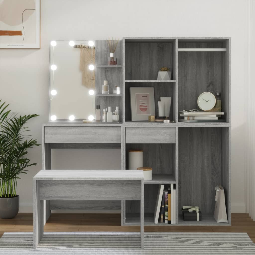 Schminktisch-Set mit LED Weiß Holzwerkstoff