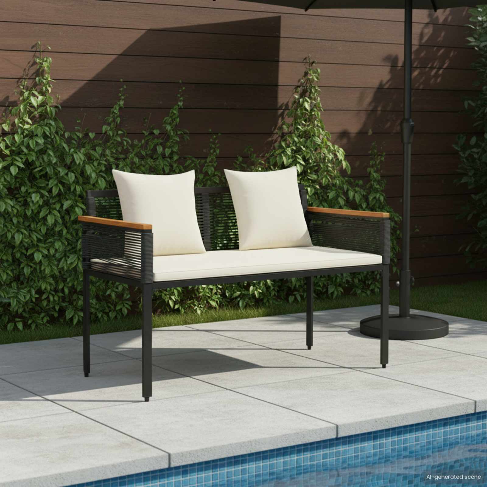 Bank Outdoor mit Kissen Schwarz 117 x 54 x 74,5 cm Poly-Rattan