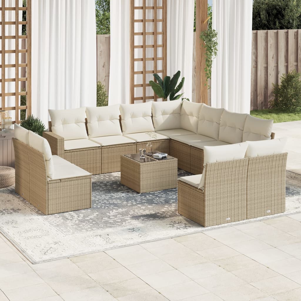 11-tlg. Garten-Sofagarnitur mit Kissen Schwarz Poly Rattan