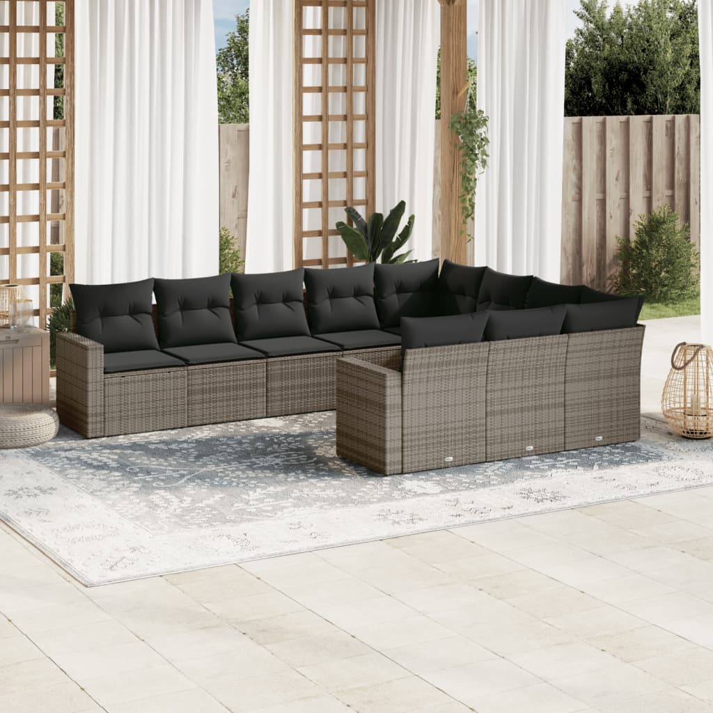 10-tlg. Garten-Sofagarnitur mit Kissen Schwarz Poly Rattan