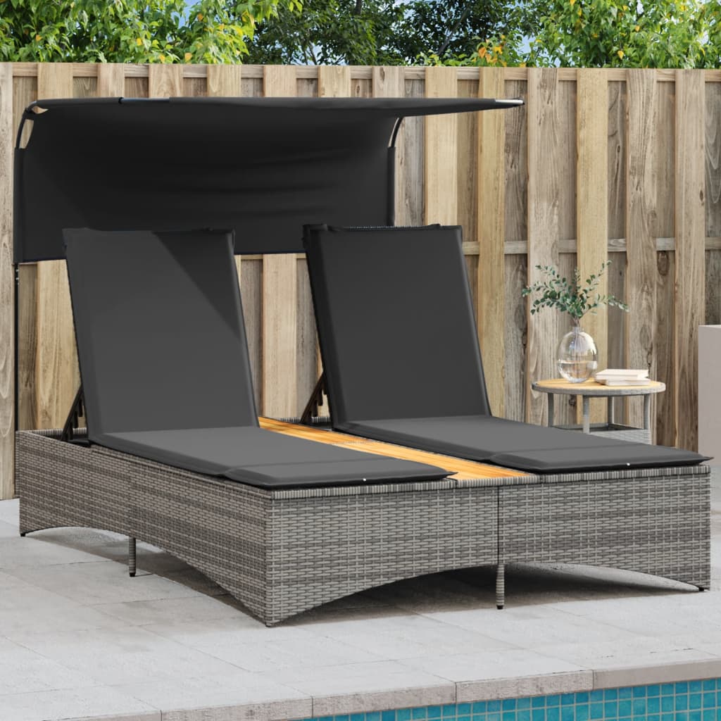 Doppel-Sonnenliege mit Dach und Auflagen Schwarz Poly Rattan