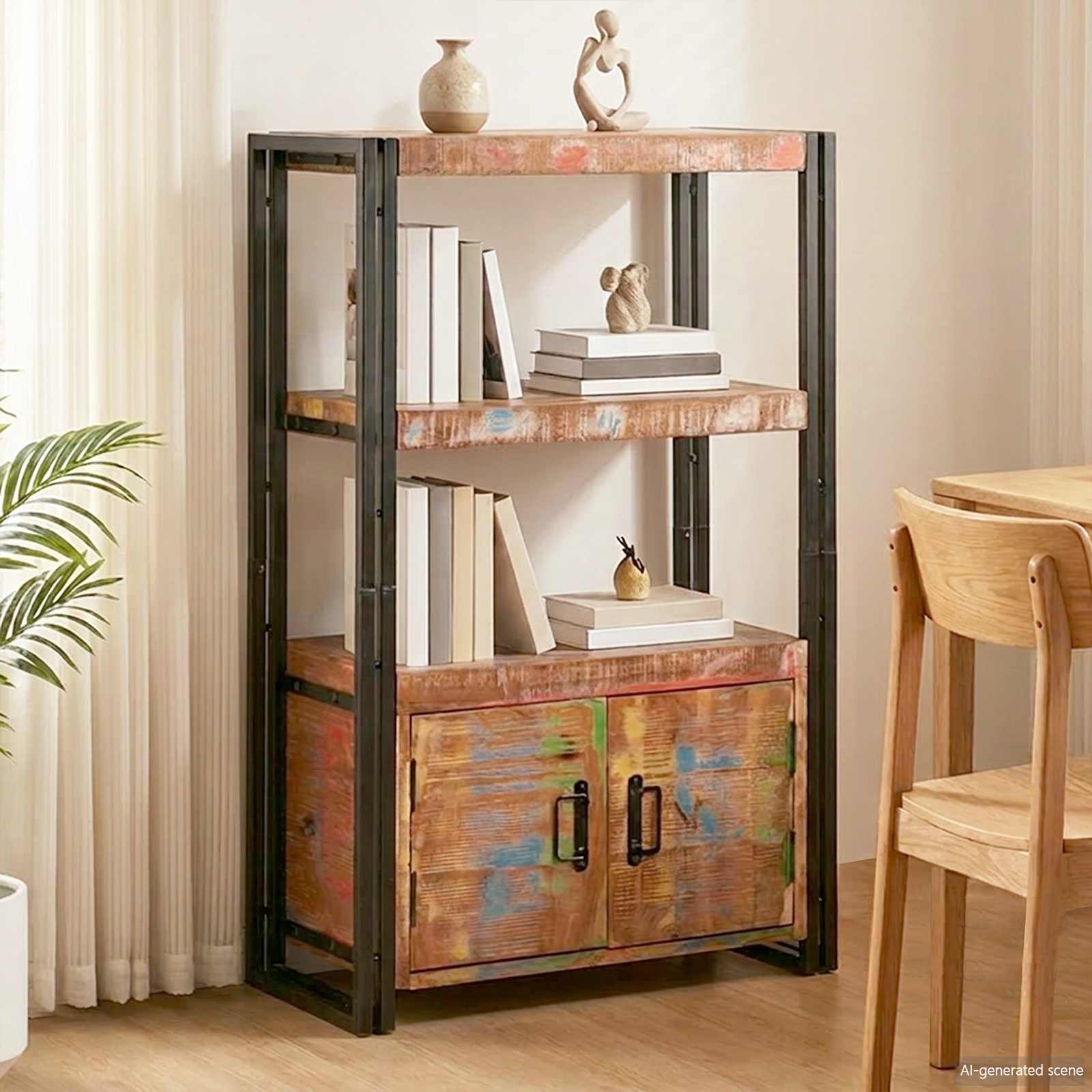 Bücherregal mit Türen Braun Massivholz Akazie und Metall