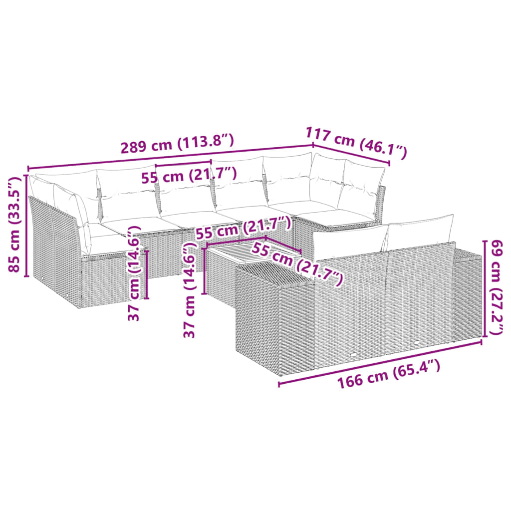 10-tlg. Garten-Sofagarnitur mit Kissen Schwarz Poly Rattan