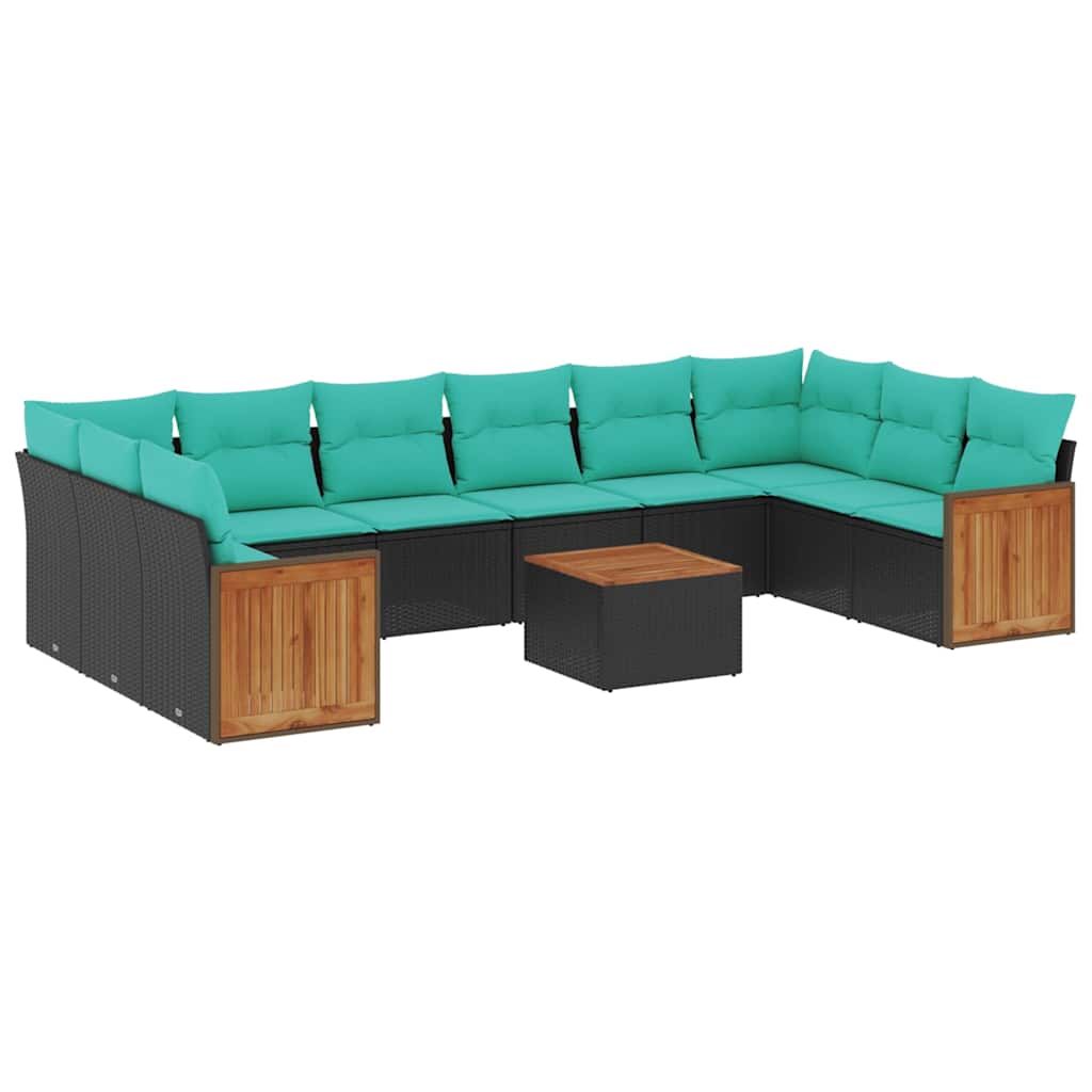 10-teiliges Gartensofa-Set mit Kissen, schwarzes Polyrattan