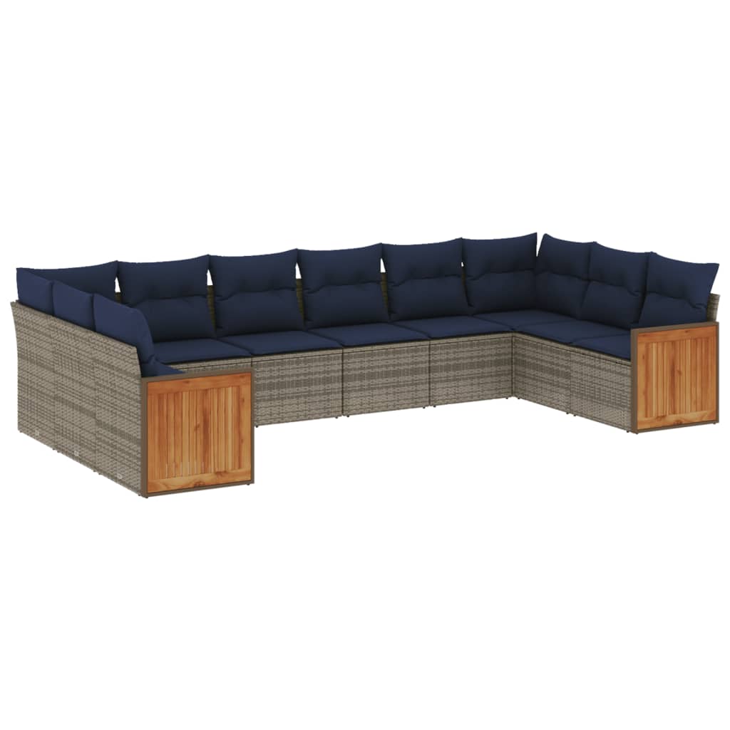 10-teiliges Gartensofa-Set mit Kissen, schwarzes Polyrattan