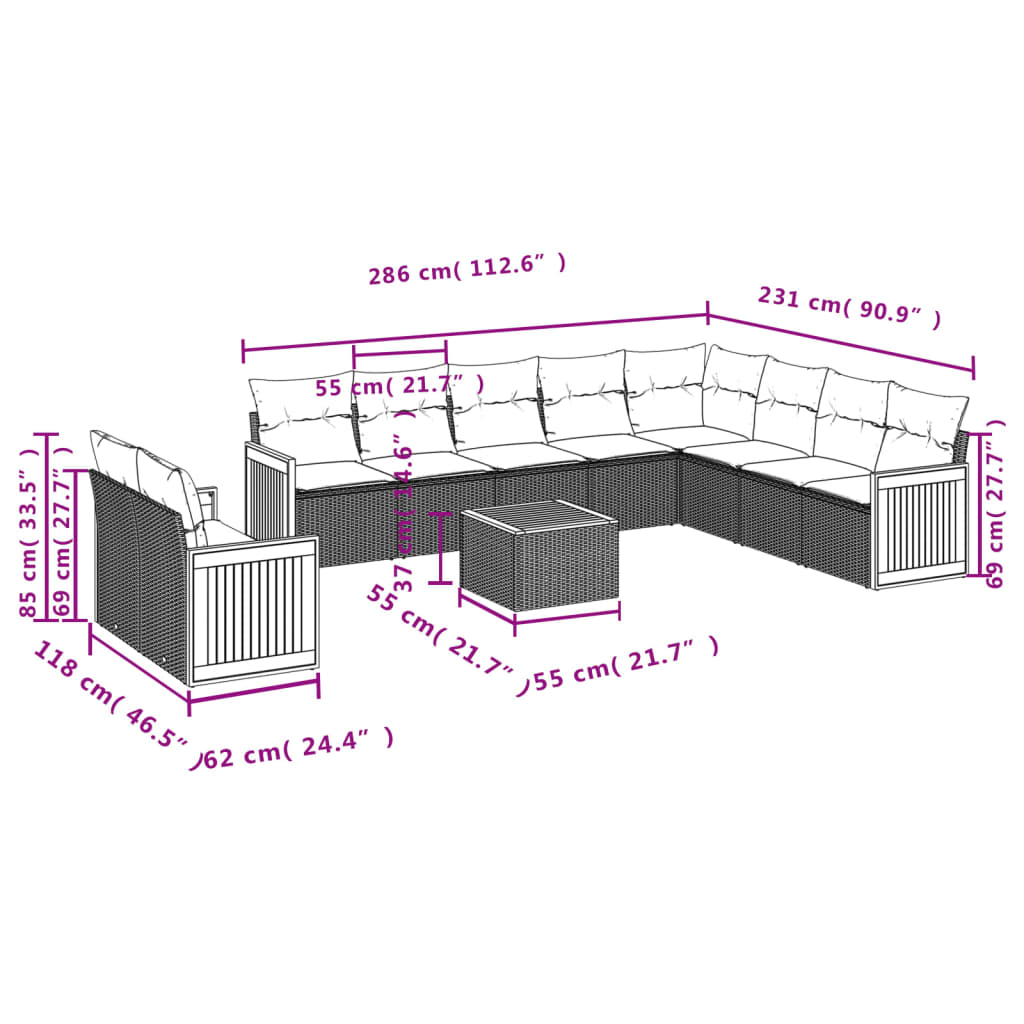 10-teiliges Gartensofa-Set mit Kissen, schwarzes Polyrattan