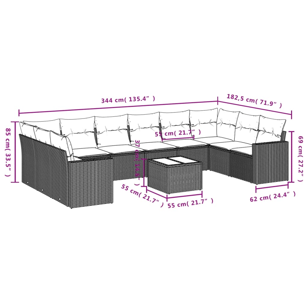 10-tlg. Garten-Sofagarnitur mit Kissen Schwarz Poly Rattan