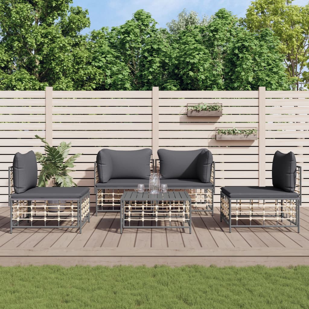 6-tlg. Garten-Lounge-Set mit Kissen Anthrazit Poly Rattan