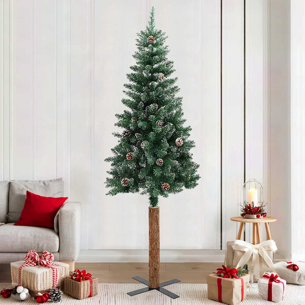 Weihnachtsbaum Schlank mit Echtholz und Zapfen Grün 150 cm PVC