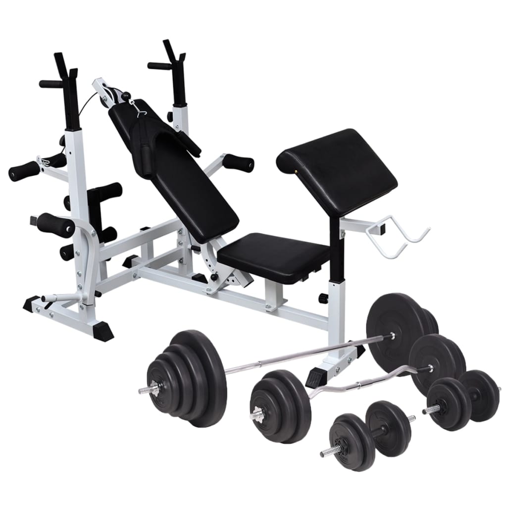 Hantelbank mit Ablage, Langhantel und Kurzhantel-Set 90 kg