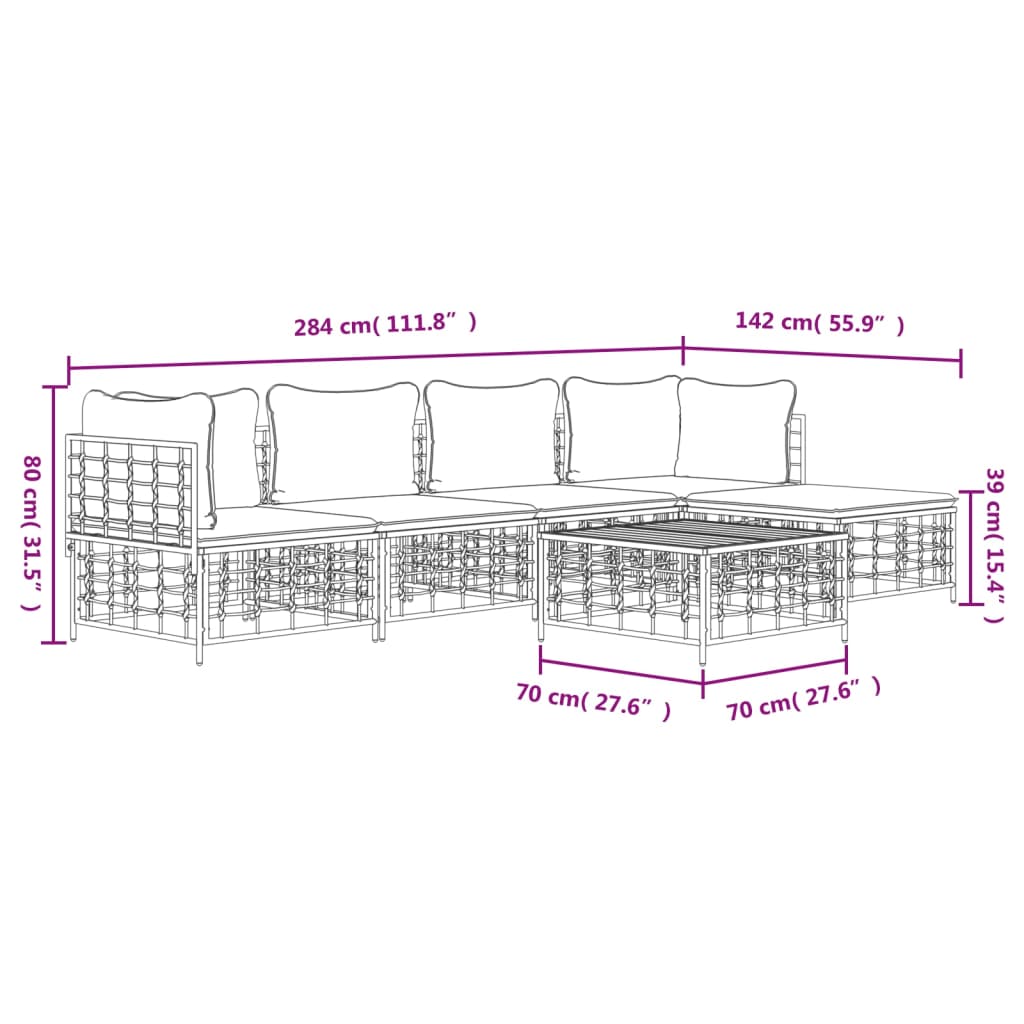 5-tlg. Garten-Lounge-Set mit Kissen Anthrazit Poly Rattan