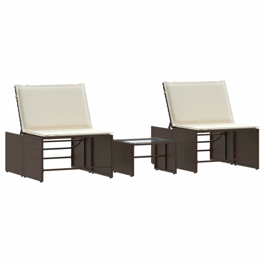 Modulare Sonnenliegen 2 Stk. mit Tisch Schwarz Poly Rattan
