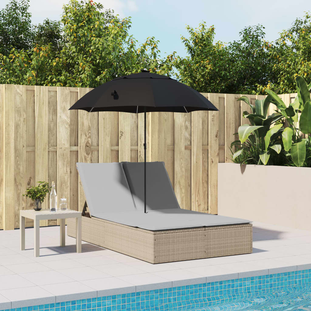 Doppel-Sonnenliege mit Kissen&Sonnenschirm Schwarz Poly Rattan