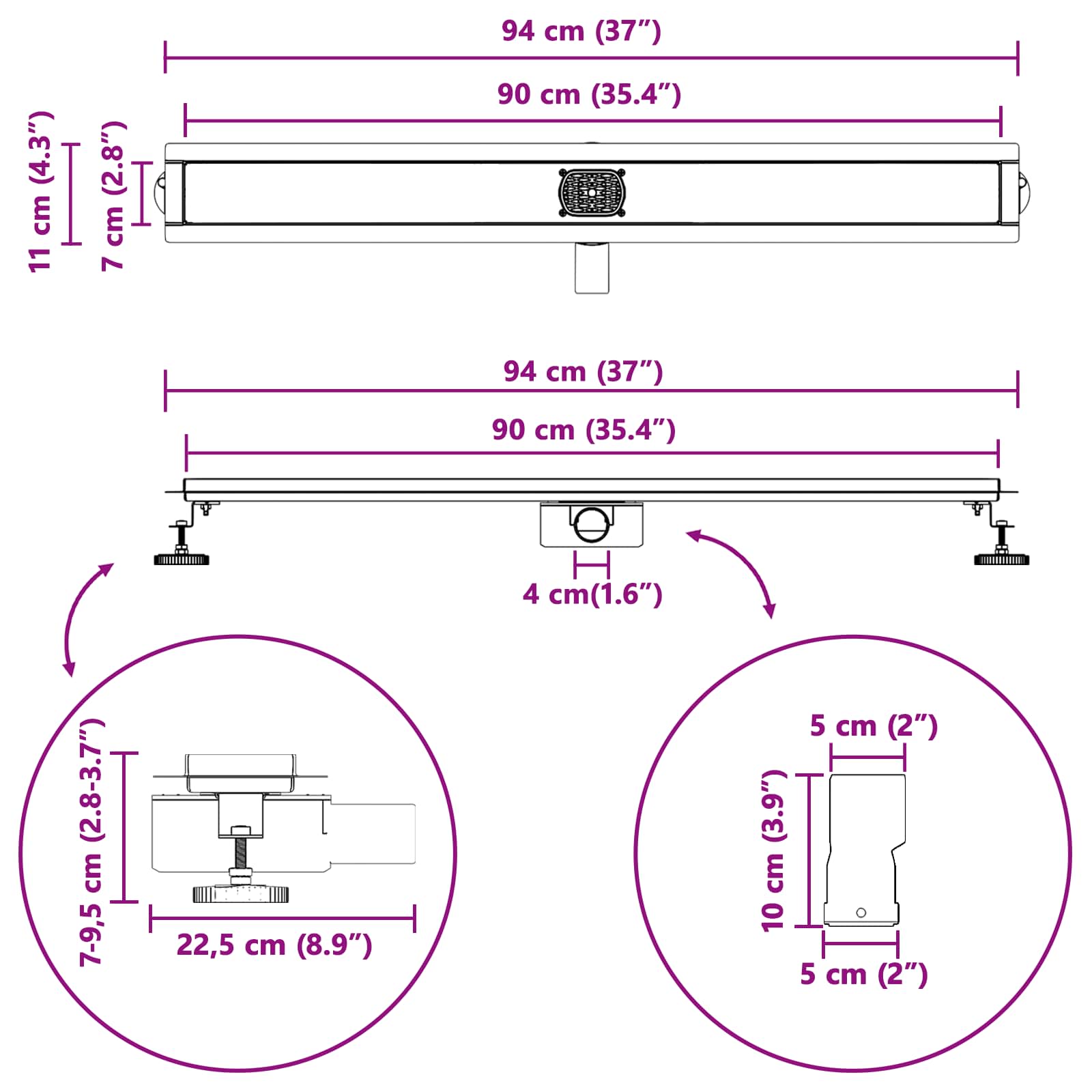 Duschabfluss mit Glashülle und 360° Siphon Schwarz 50 cm