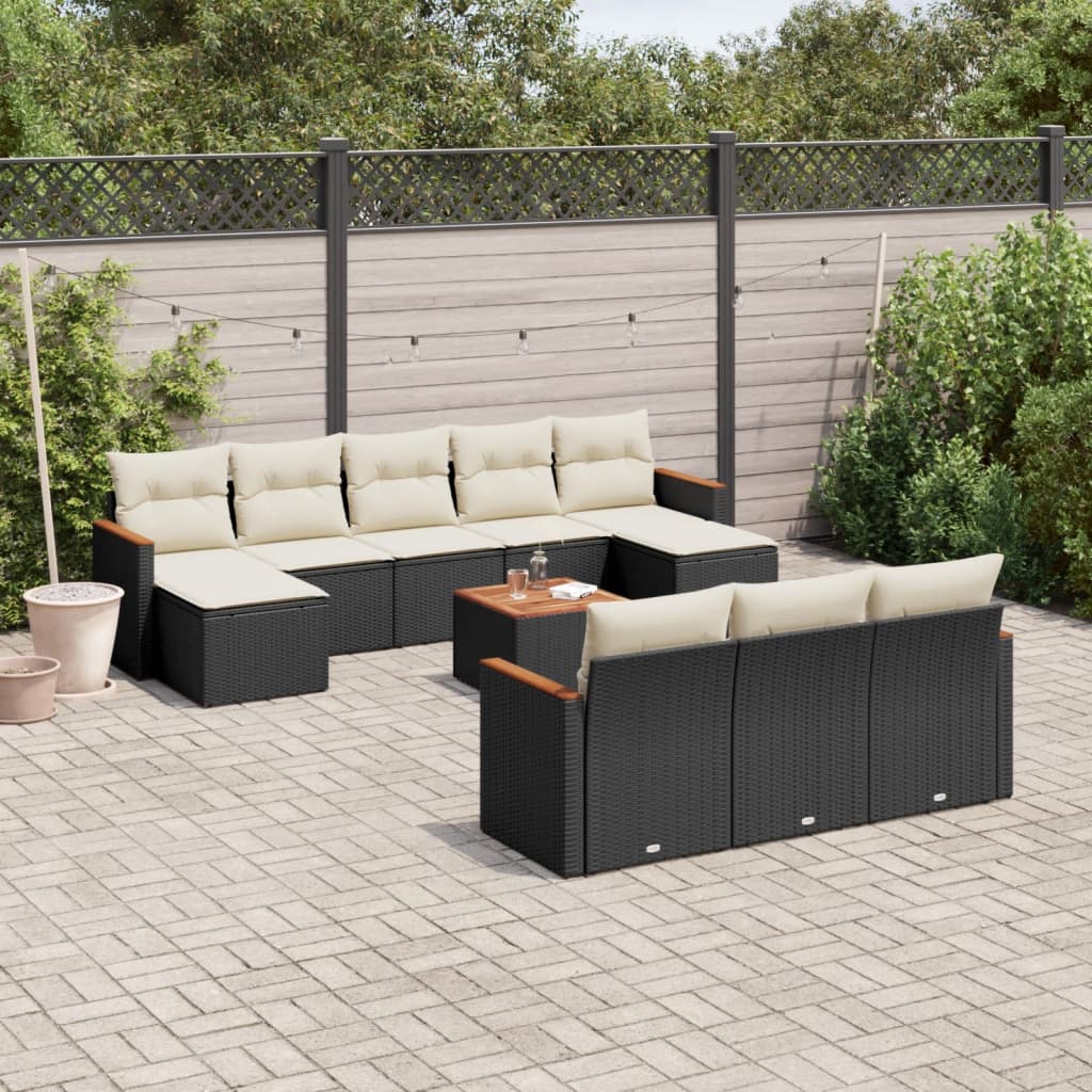 10-tlg. Garten-Sofagarnitur mit Kissen Schwarz Poly Rattan