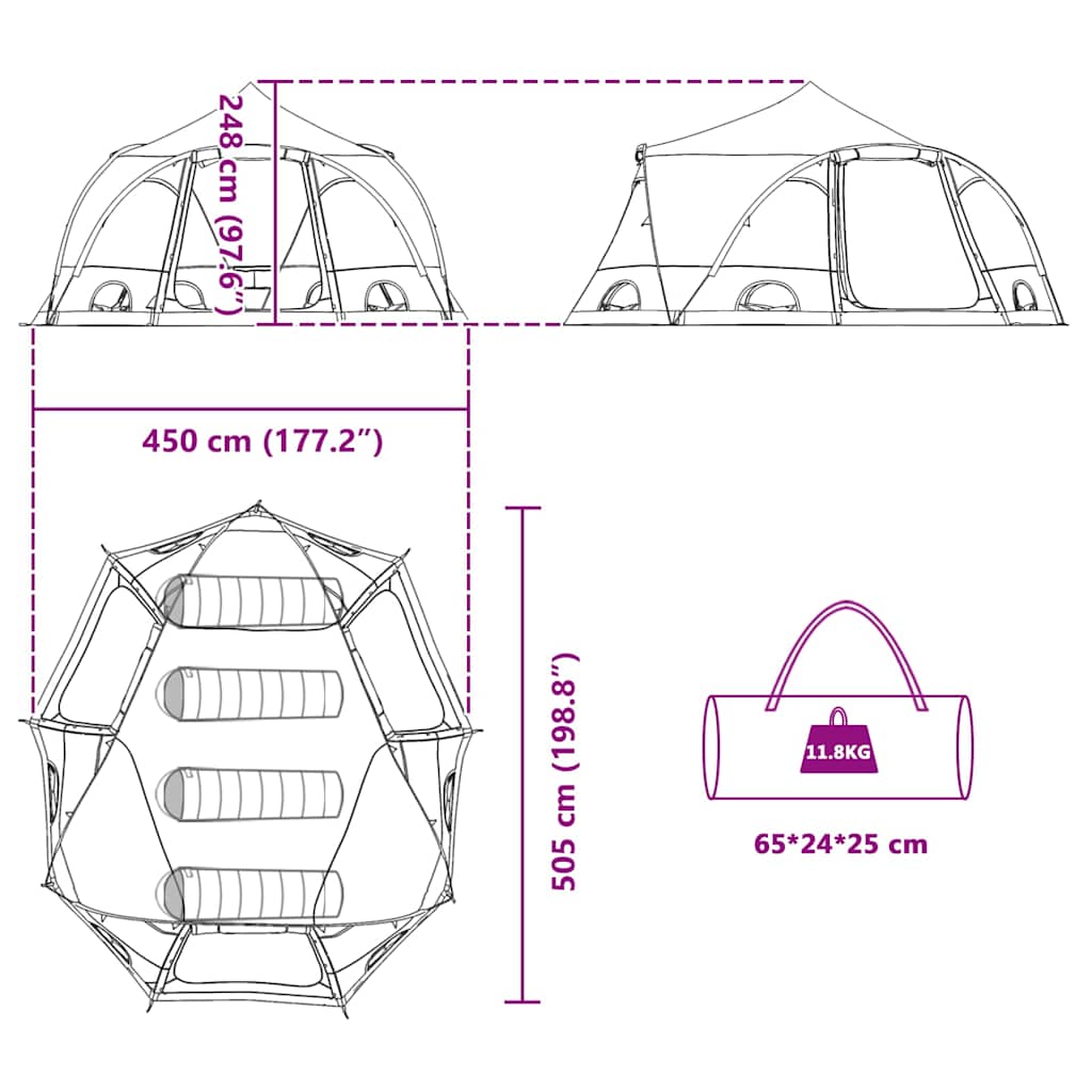 Dome Zelt für 4 Personen mit Dach Grün 505 x 450 x 248 cm