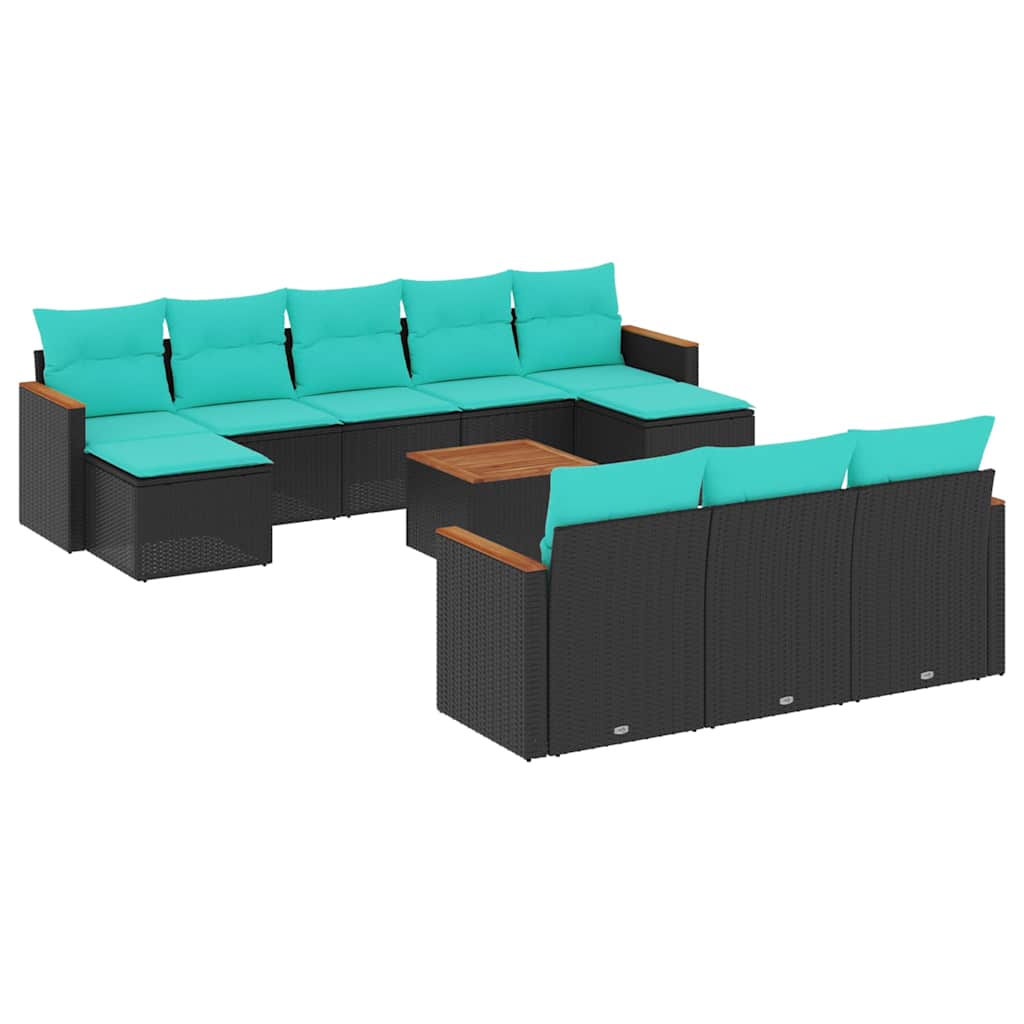 10-teiliges Gartensofa-Set mit Kissen, schwarzes Polyrattan