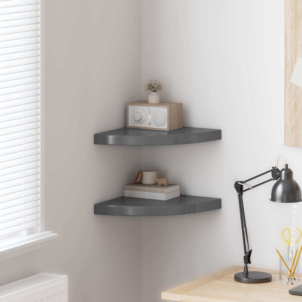 Schwebende Eckregale 2 Stk. Hochglanz-Weiß 25x25x3,8 cm MDF