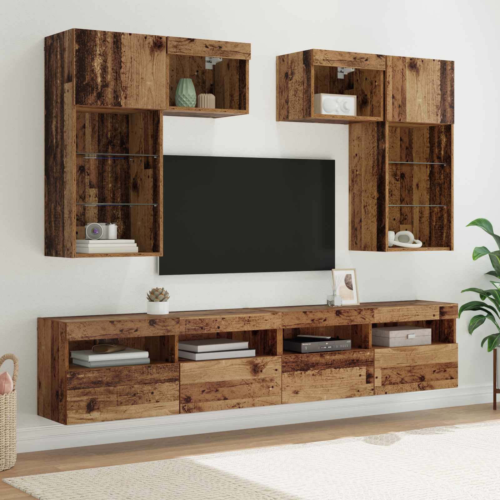 5-tlg. Wohnwand mit LED-Beleuchtung Weiß Holzwerkstoff