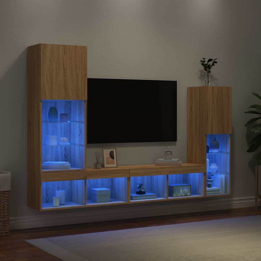 4-tlg. Wohnwand mit LED-Beleuchtung Weiß Holzwerkstoff