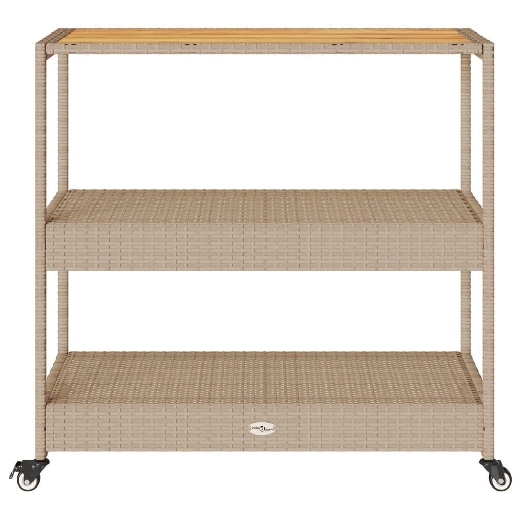 Barwagen 3 Böden Schwarz Poly Rattan und Massivholz Akazie