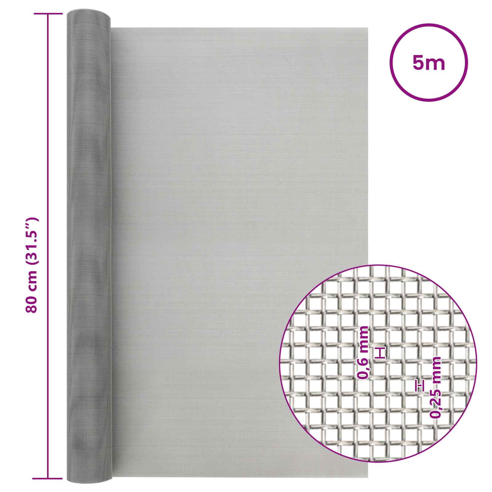 Mesh Bildschirm 20 x 500 cm 20 Mesh Edelstahl 201 Silber