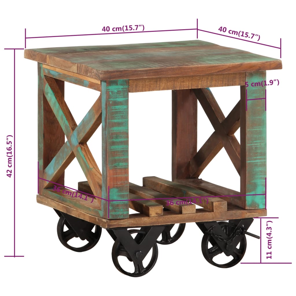 Beistelltisch mit Rädern 40x40x42 cm Raues Mangoholz