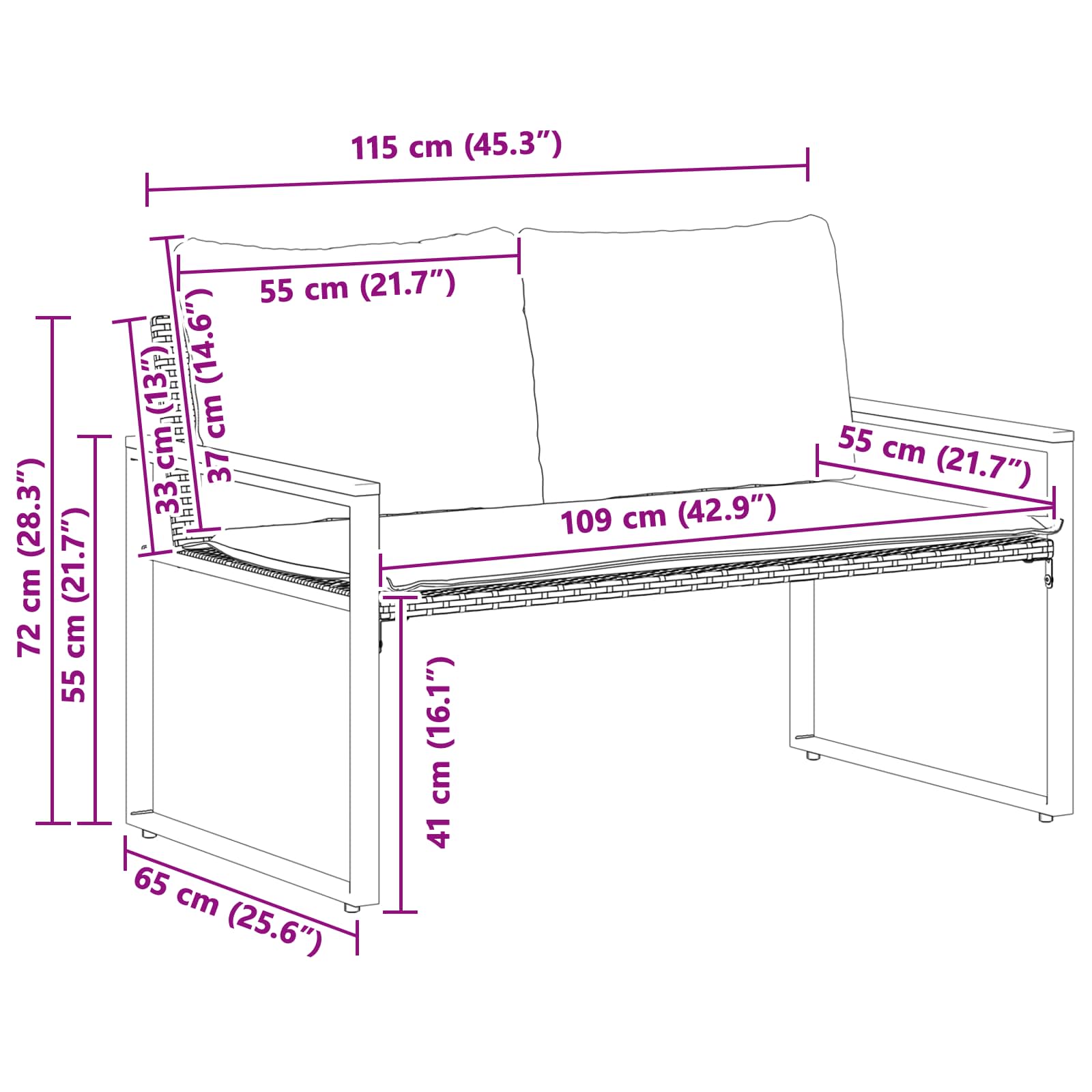 Bank mit Kissen Schwarz und Cremeweiß 115 x 65 x 72 cm Rattan