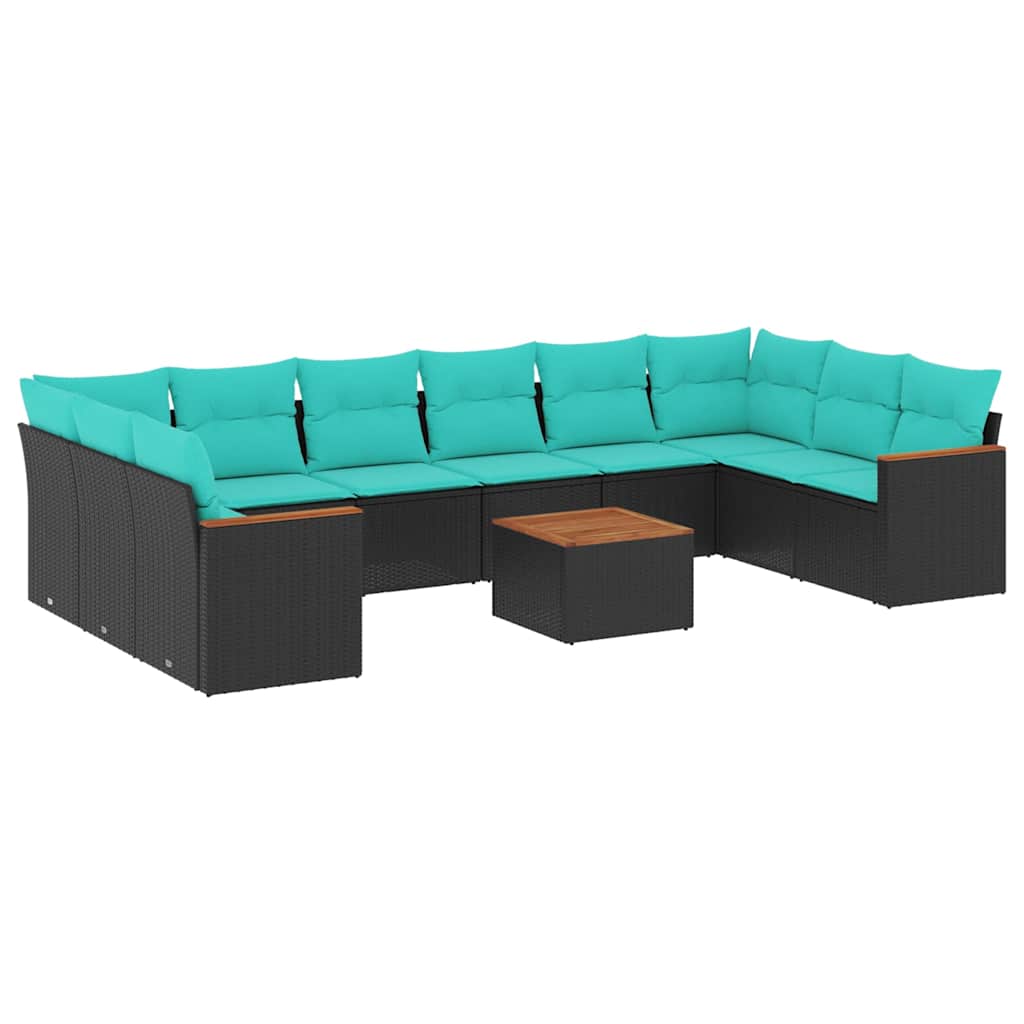 10-teiliges Gartensofa-Set mit Kissen, schwarzes Polyrattan