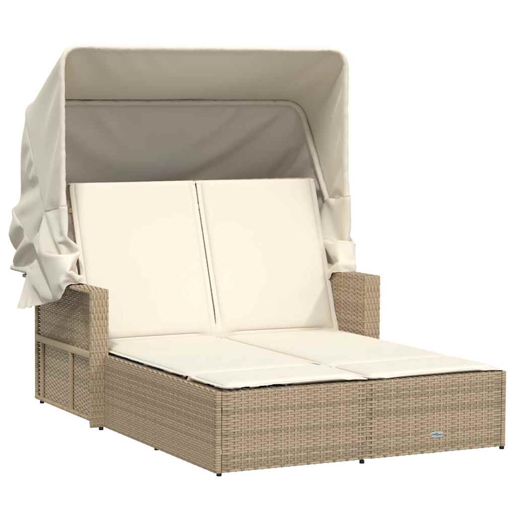 Doppel-Sonnenliege mit Dach und Auflagen Schwarz Poly Rattan