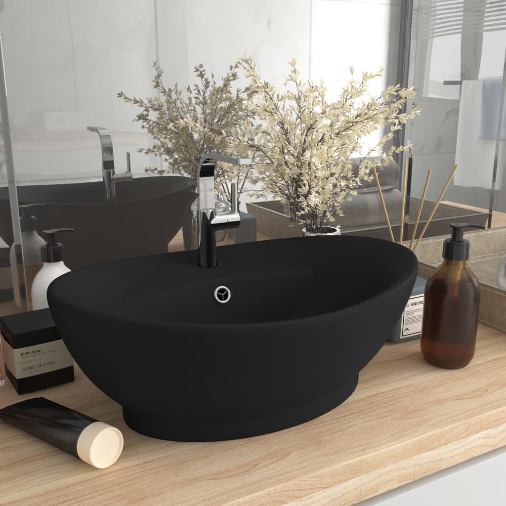 Luxus-Waschbecken Überlauf Oval Matt-Weiß 58,5x39 cm Keramik