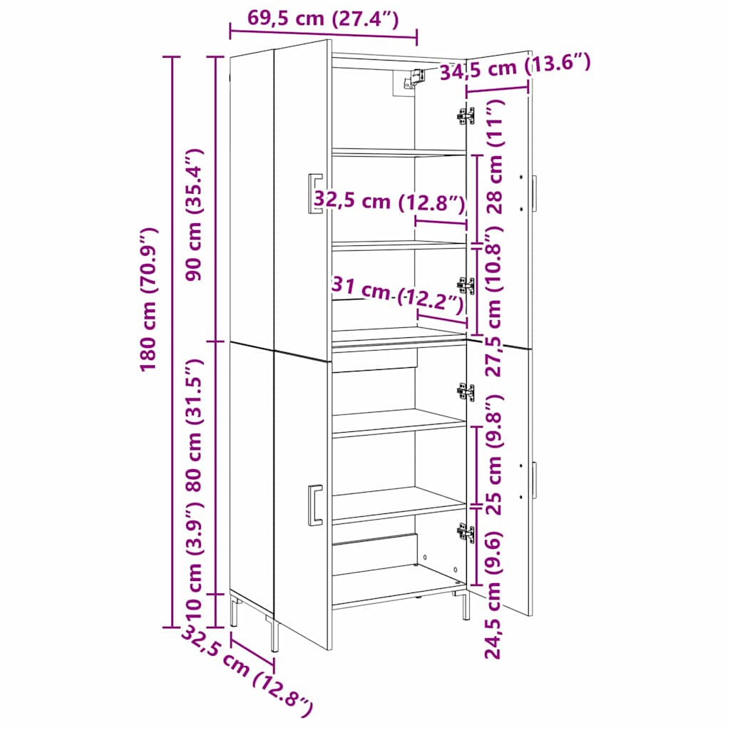 Highboard Betongrau 69,5x34x180 cm Holzwerkstoff