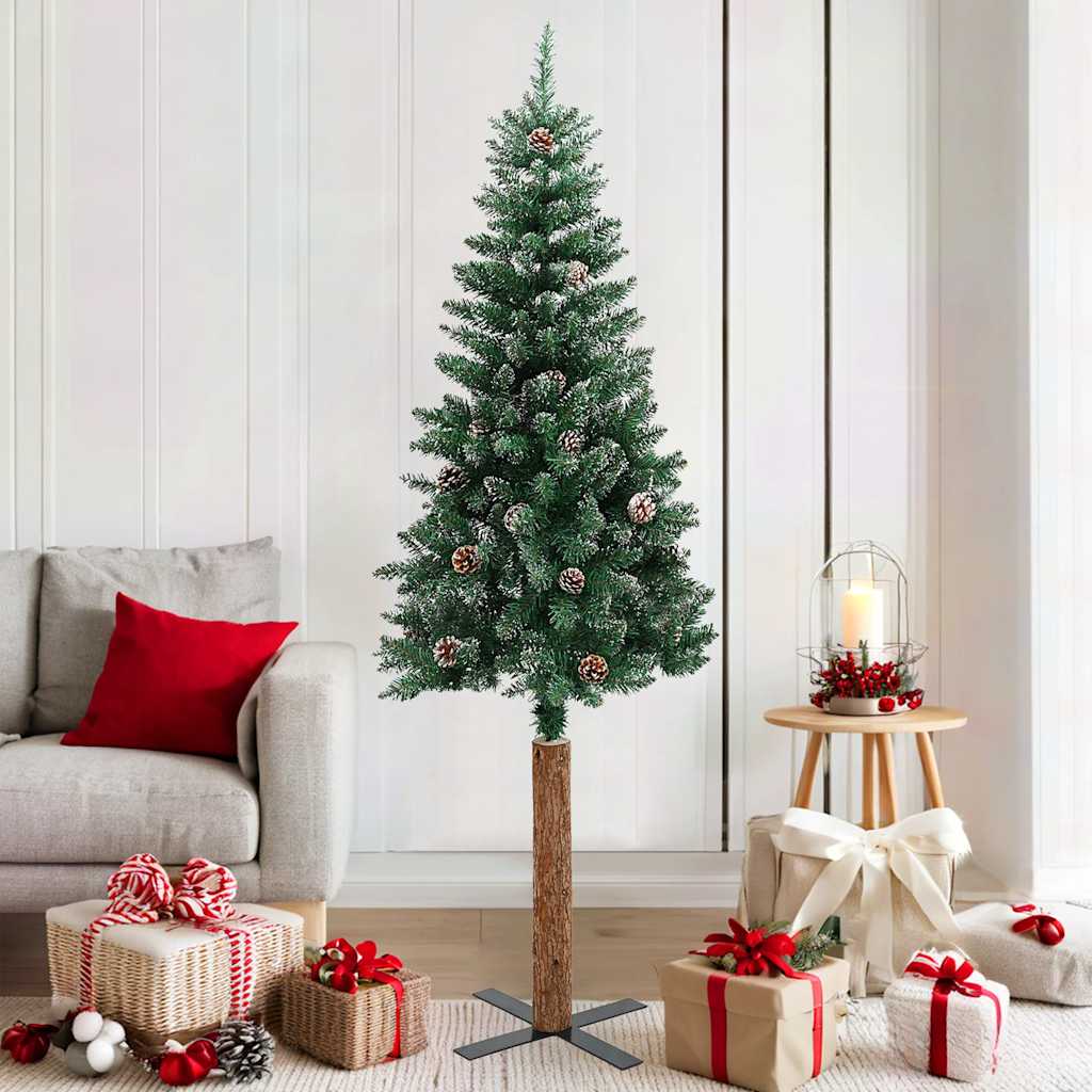 Weihnachtsbaum Schlank mit Echtholz und Zapfen Grün 150 cm PVC