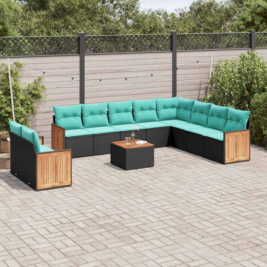 10-teiliges Gartensofa-Set mit Kissen, schwarzes Polyrattan