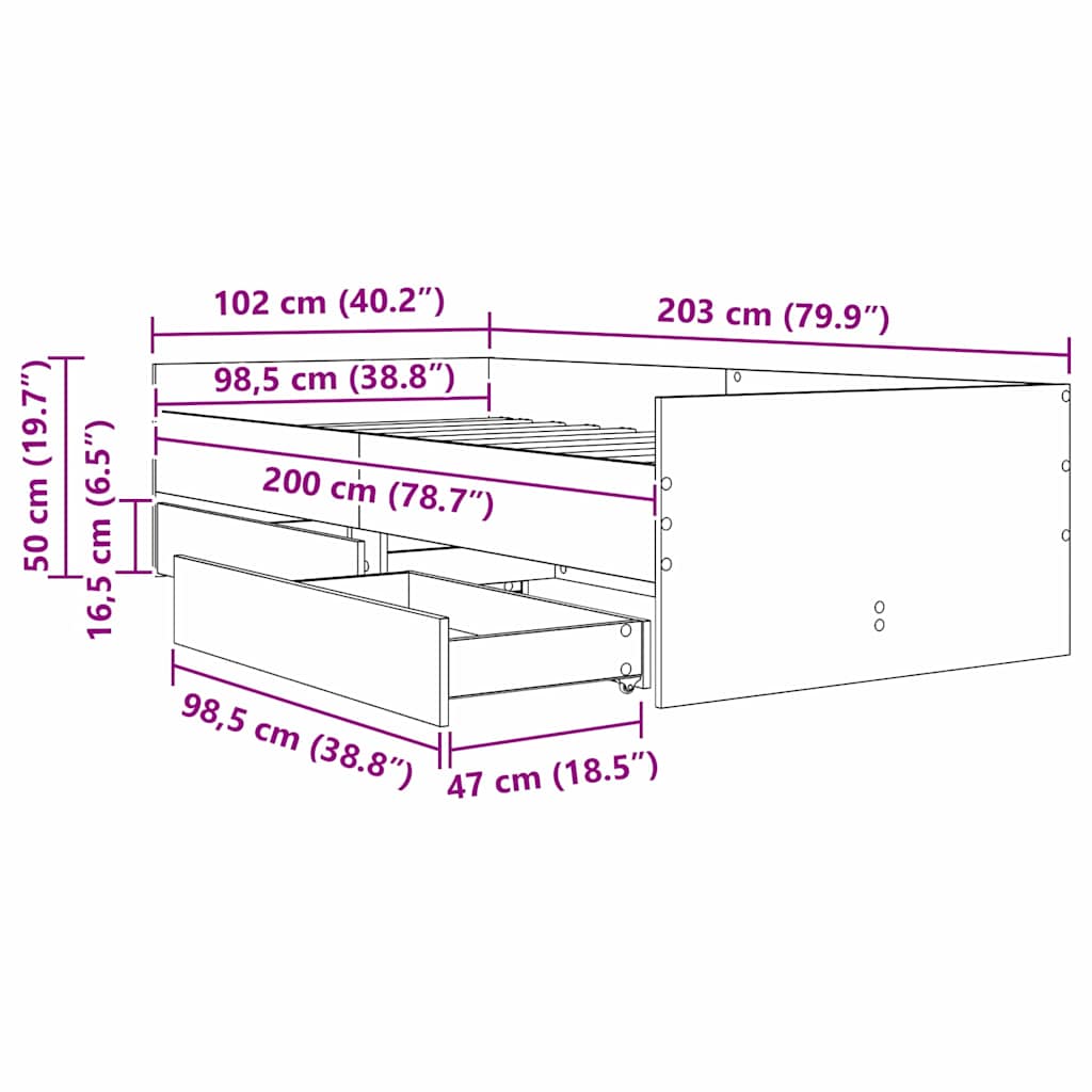Bett mit Schubladen Braun Eiche-Optik 75x190 cm
