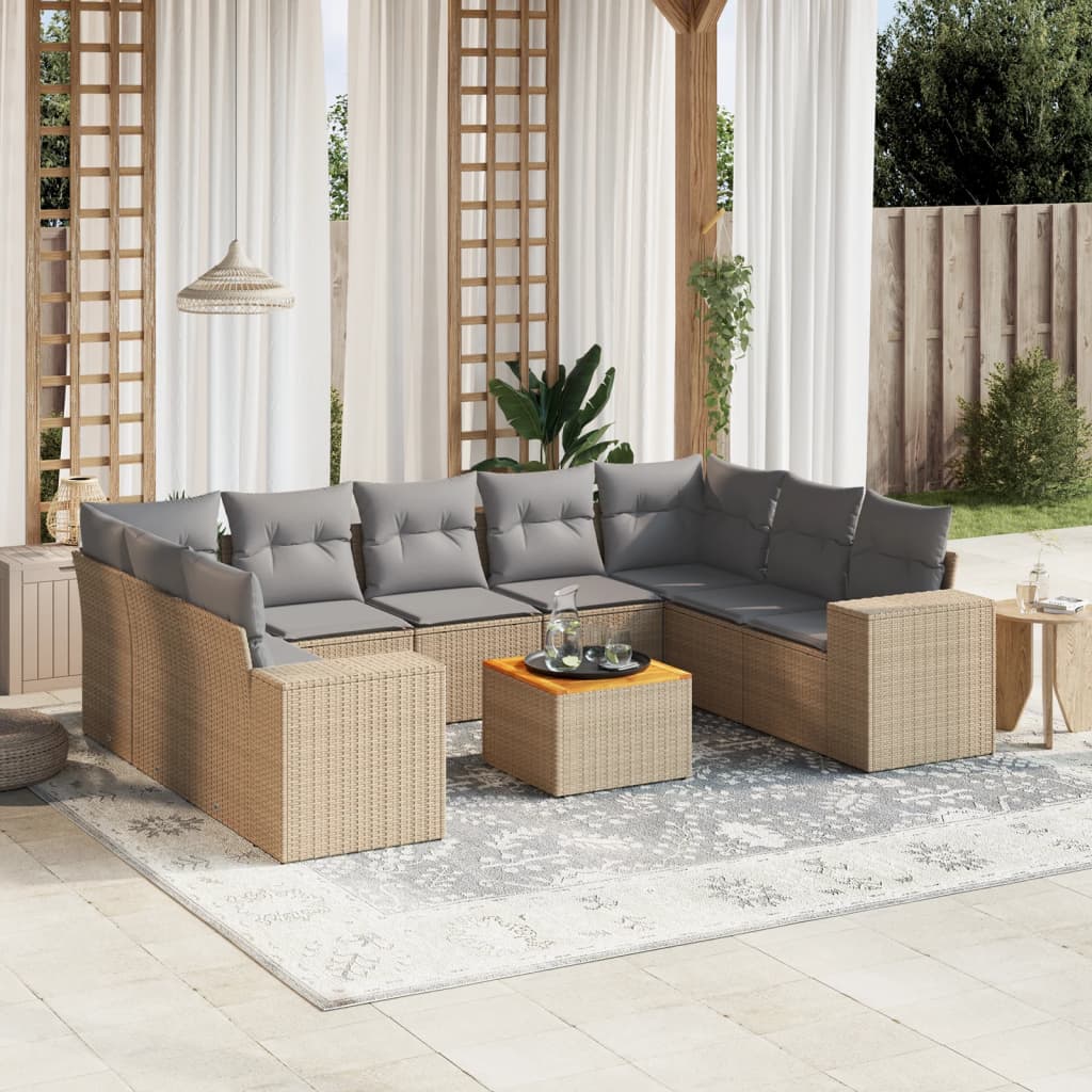 10-tlg. Garten-Sofagarnitur mit Kissen Schwarz Poly Rattan