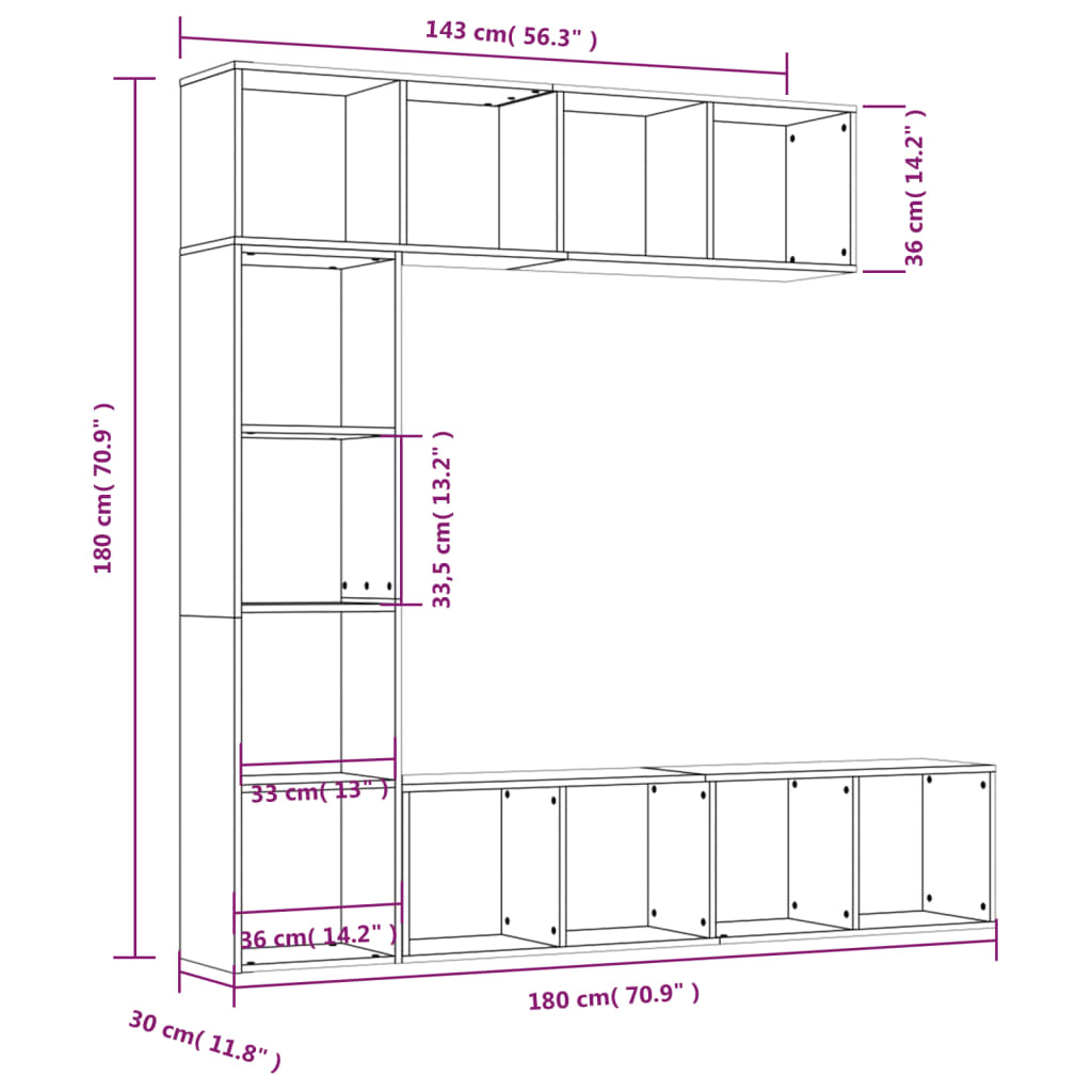 3-tlg. Bücher-/TV-Schrank Set Weiß 180×30×180 cm