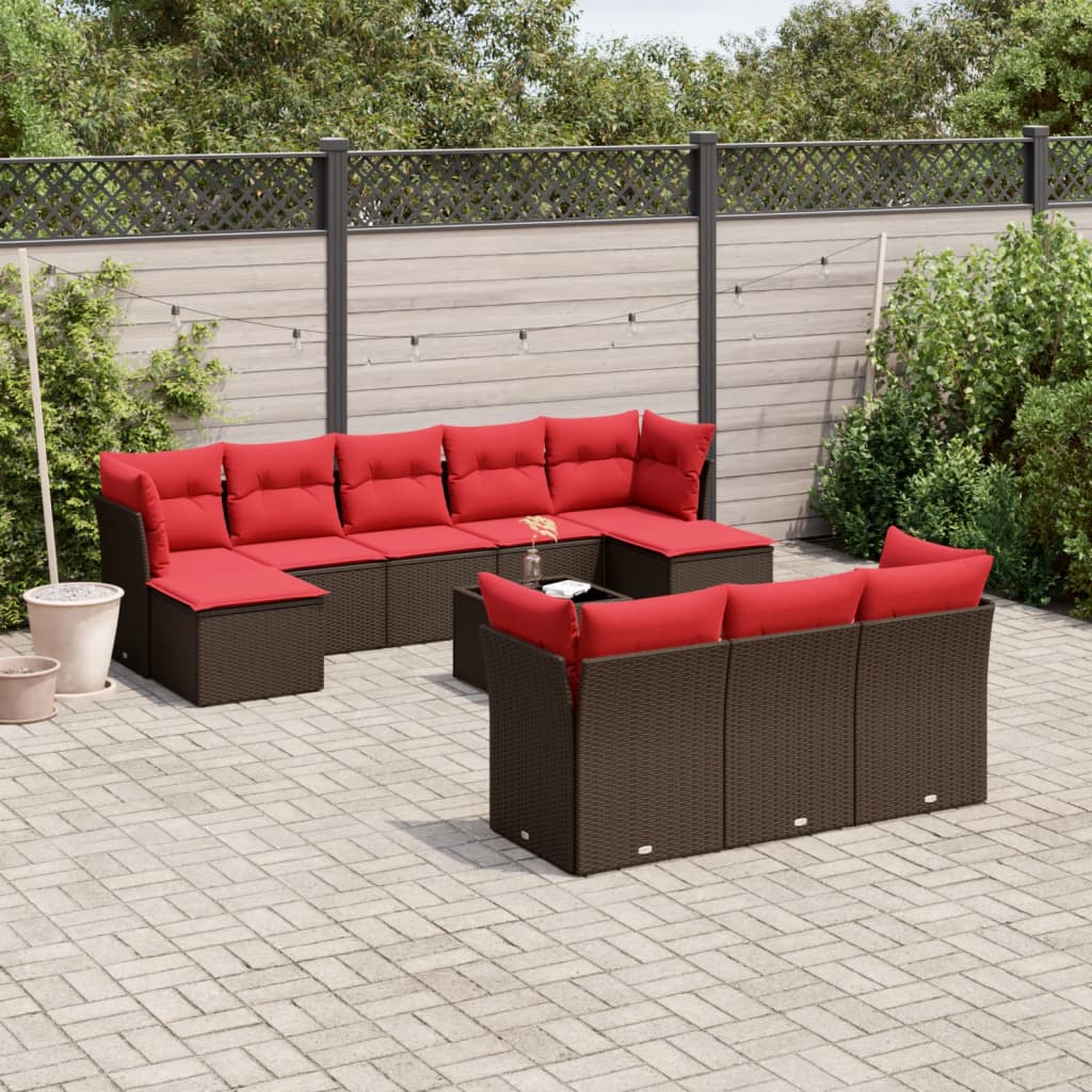 10-teiliges Gartensofa-Set mit Kissen, schwarzes Polyrattan