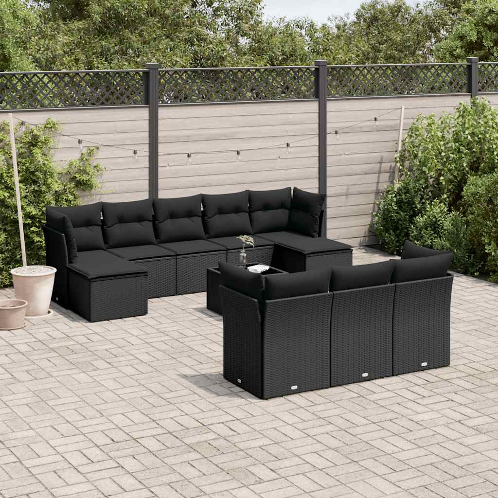 10-tlg. Garten-Sofagarnitur mit Kissen Schwarz Poly Rattan