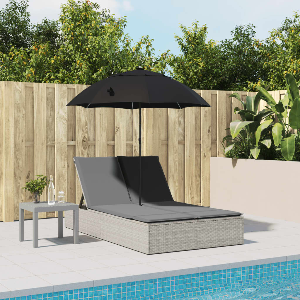 Doppel-Sonnenliege mit Kissen&Sonnenschirm Schwarz Poly Rattan