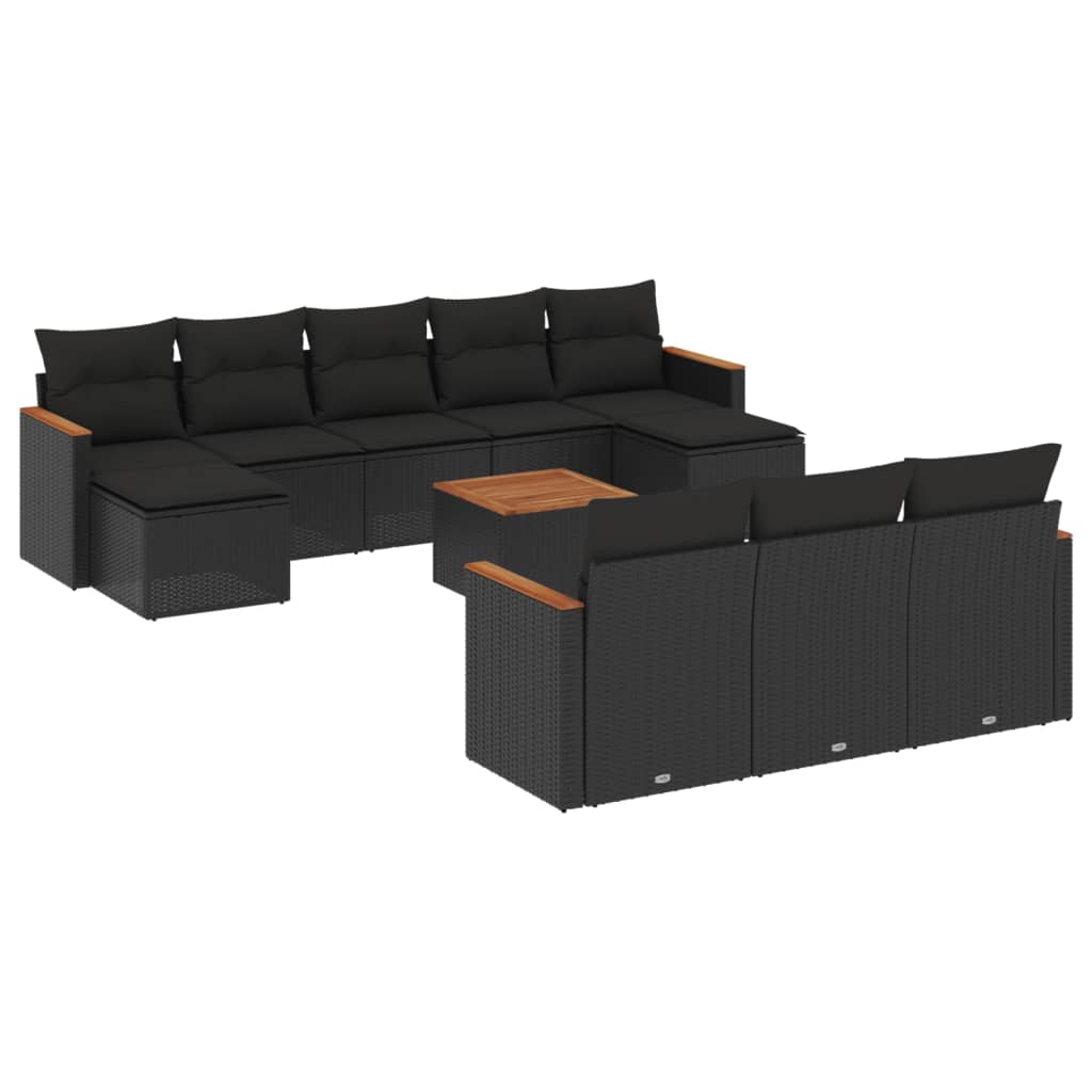 10-tlg. Garten-Sofagarnitur mit Kissen Schwarz Poly Rattan