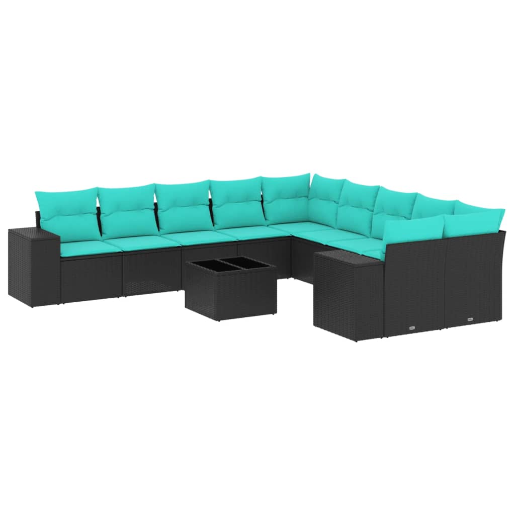10-teiliges Gartensofa-Set mit Kissen, schwarzes Polyrattan